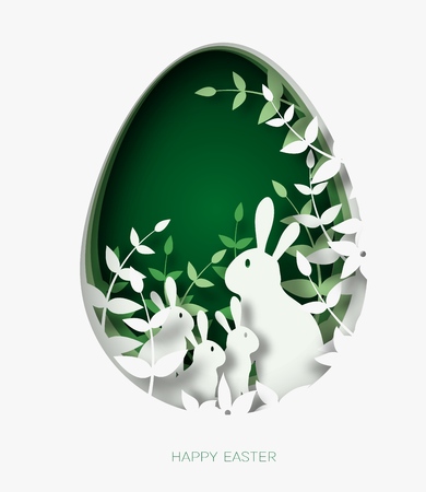 3d abstract paper cut illustration of colorful paper art easter rabbit family, grass, flowers and green egg shape.のイラスト素材