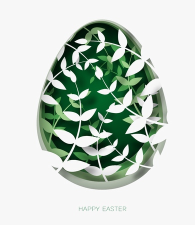 3d abstract paper cut illustration of colorful paper art easter grass, flowers and green egg shape.のイラスト素材