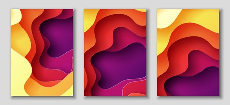 Vertical A4 banners with 3D abstract background with red, purple, violet, yellow paper cut waves and background. Contrast colors. Vector design layout for presentations, flyers, postersの写真素材