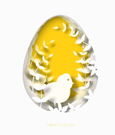 3d abstract paper cut illustration of colorful paper art easter chicken, grass, flowers and yellow egg shape. Happy easter greeting card template in paper art style.のイラスト素材