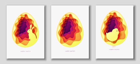 3d abstract paper cut illustration of colorful paper art easter egg with rabbit and chicken. Happy easter greeting card set in paper art style. Vivid and contrat colors.の写真素材