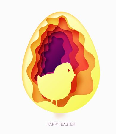 3d abstract paper cut illustration of colorful paper art easter egg with chicken. Happy easter greeting card template in paper art style. Vivid and contrat colors.の写真素材