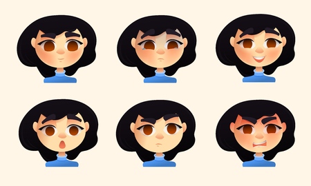 Set of character young white woman emotions. Vector cartoon style. Isolated.のイラスト素材