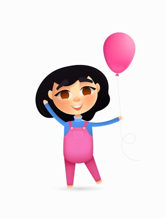 Happy young girl character with pink balloon. Vector cartoon style.のイラスト素材