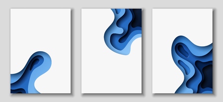 Vertical A4 banners with 3D abstract background with blue paper cut waves and background. Contrast colors. Vector design layout for presentations, flyers, postersのイラスト素材