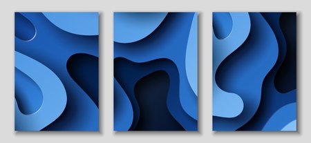 Vertical A4 banners with 3D abstract background with blue paper cut waves and background. Contrast colors. Vector design layout for presentations, flyers, posters.のイラスト素材