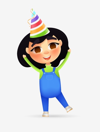 Happy young girl character with birthday cone. Vector cartoon style. Isolatedのイラスト素材