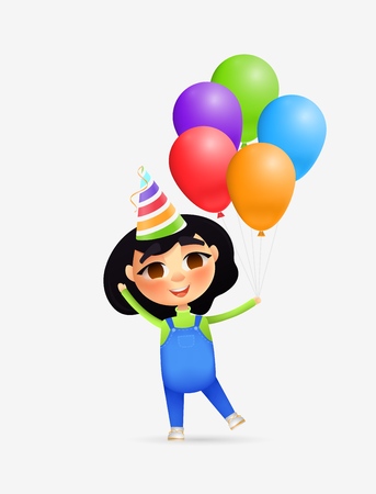 Happy young girl character with birthday cone and balloons. Vector cartoon style. Isolatedのイラスト素材