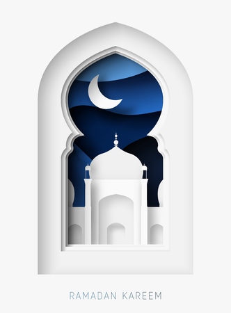 Ramadan Kareem 3d abstract paper cut illustration. Window with islamic mosque. moon and blue sky.のイラスト素材