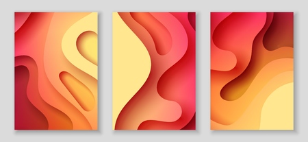 Vertical A4 banners with 3D abstract background with red, orange and yellow paper cut waves and background.のイラスト素材