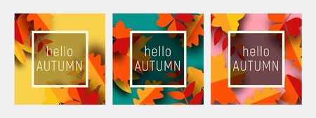 Hello autumn greeting card template. Fall illustration with paper cut orange, red and yellow leaves. Square banners in trendy craft style.のイラスト素材