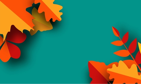 autumn greeting card template. Fall illustration with paper cut orange, red and yellow leaves. banner in trendy craft style.のイラスト素材