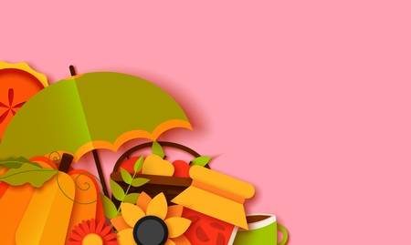 autumn greeting card template. Fall illustration with paper cut flowers, leaves, pumpkin, pie, umbrella. jam, cup, fruits banner in trendy craft style.のイラスト素材