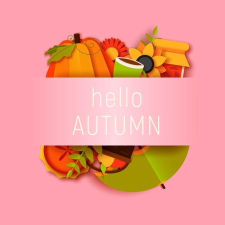 hello autumn greeting card template. Fall illustration with paper cut flowers, leaves, pumpkin, pie, umbrella. jam, cup, fruits banner in trendy craft style.のイラスト素材