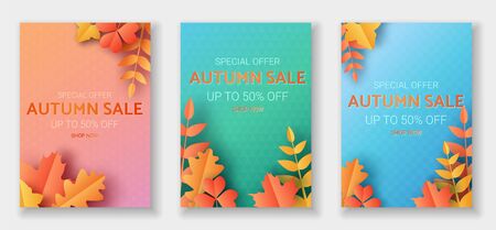 Autumn sale vaertical banners set in trendy paper cut style. Special offer flyer with orange, yellow, red leaves in pastel colors.のイラスト素材