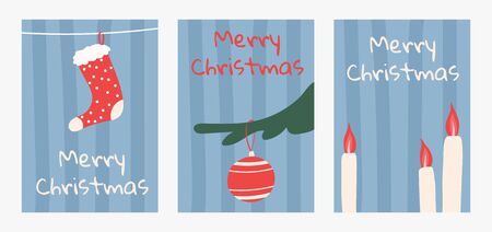 Merry Christmas banners set in trendy cartoon hand drawn style. Winter card, flyer, poster with candles, sock, retro tree toy. Pastel colors.のイラスト素材