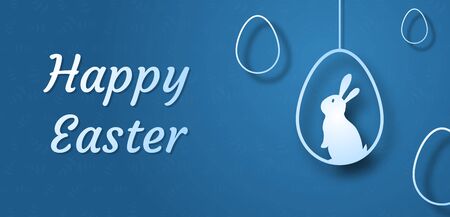 3d abstract paper cut banner of rabbit and eggs. Happy easter greeting card template with blue background.のイラスト素材