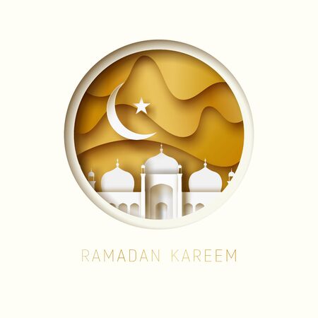 Ramadan Kareem 3d abstract paper cut illustration. Round window with islamic mosque. moon and gold sky. Greeting card template in beautiful craft style.のイラスト素材