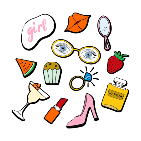 Set of stickers, patches hand-drawn. Set of stickers, pins, patches in cartoon 80s-90s comic style.のイラスト素材