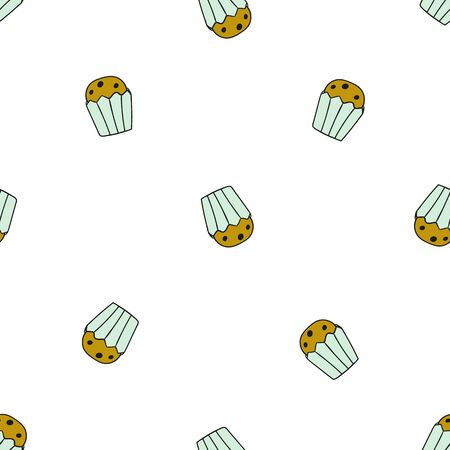 Vector seamless pattern with cupcakes.. Hand drawn cute and funny fashion illustration. Modern doodle pop art sketch.Isolated elements on white background.のイラスト素材