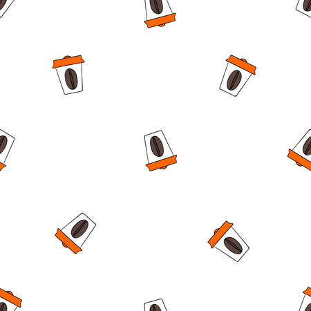 Vector seamless pattern with a cup of coffee. Hand drawn cute and funny fashion illustration. Modern doodle pop art sketch.Isolated elements on white background.のイラスト素材
