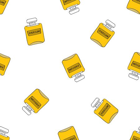 Vector seamless pattern with a bottle of perfume. Hand drawn cute and funny fashion illustration. Modern doodle pop art sketch.Isolated elements on white background.のイラスト素材