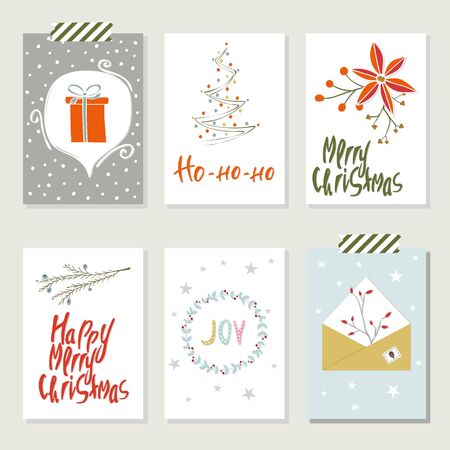 Collection of 6 Christmas card templates. Christmas Posters set. Vector illustration. Template for Greeting Scrapbooking, Stickers, Diary, Congratulations, Invitationsのイラスト素材