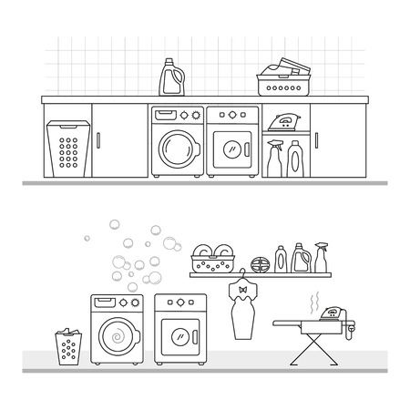 Elements for laundry interior, and a large set of laundry icons. Laundry room interior vector. Laundry room interior element isolated.のイラスト素材