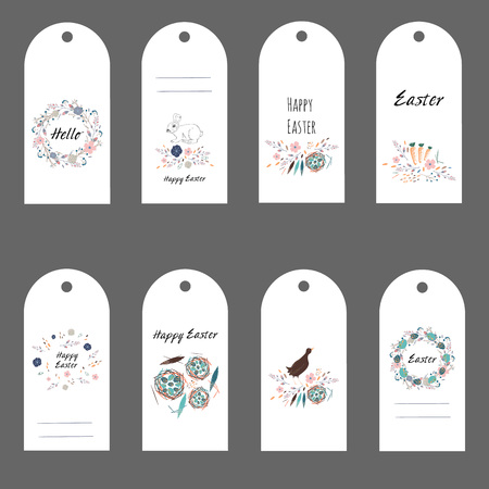 Easter gift tags and labels with cute flowers, eggs, bird and rabbit.のイラスト素材