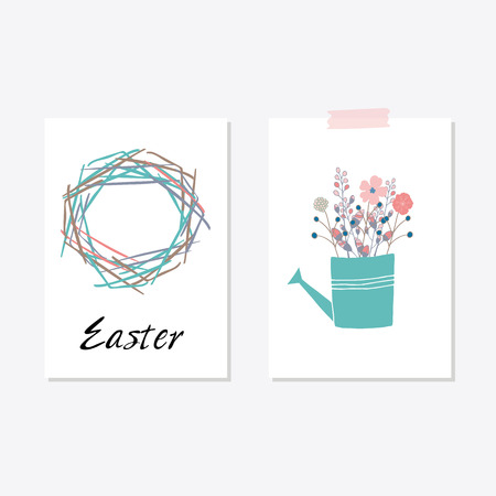 Set of cards templates with cute flowers, eggs, bird and rabbit. For romantic and easter design, announcements, greeting cards, posters, advertisement.のイラスト素材