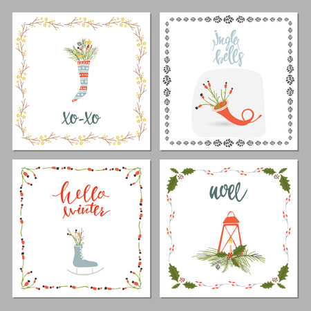 Square winter holidays greeting cards with New Year and christmas, Christmas ornaments, typographic design.のイラスト素材