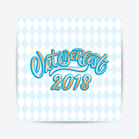 Hand drawn Oktoberfest 2018 typography lettering poster. Illustration of Bavarian festival design.Blue, white lettering typography for logo, poster, card, postcard, logo, badgeの写真素材