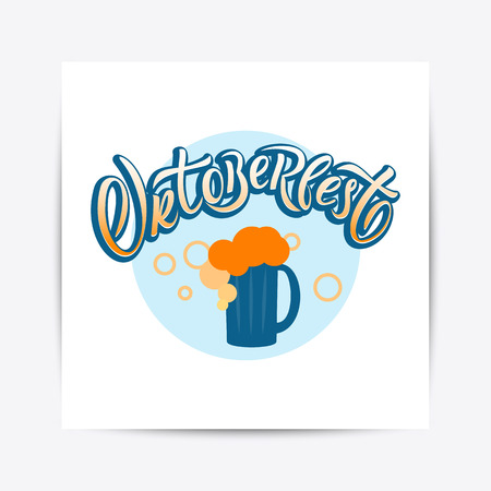 Hand drawn Oktoberfest typography lettering poster. Illustration of Bavarian festival design.Blue, white lettering typography for logo, poster, card, postcard, logo, badgeのイラスト素材