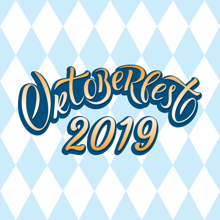 Hand drawn Oktoberfest 2019 typography lettering poster. Illustration of Bavarian festival design.Blue, white lettering typography for logo, poster, card, postcard, logo, badgeのイラスト素材