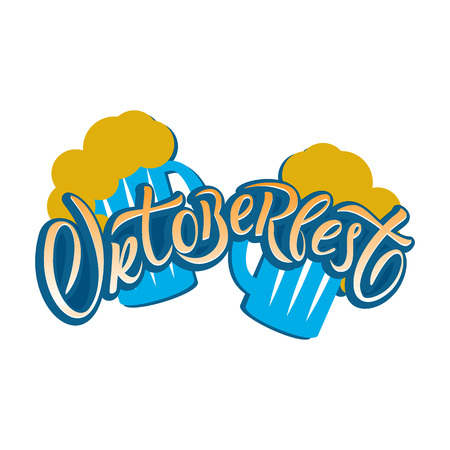 Hand drawn Oktoberfest typography lettering poster. Illustration of Bavarian festival design.Blue, white lettering typography for logo, poster, card, postcard, logo, badgeのイラスト素材