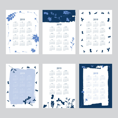 Vector of 2019 new year calendar with plants on cyanotype texture. Holiday event planner. Week Starts Sunday. Set of 12 months.のイラスト素材