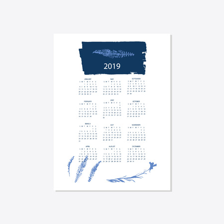 Calendar 2019. Stock vector. Floral bright 2019 calendar. Flower decorative elegant calendar style cyanotype.のイラスト素材