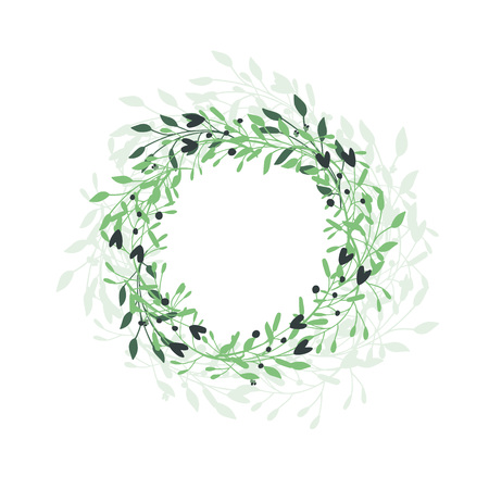 Wreath of leaves, plants, branches and flowers with white background. Hand drawn for cards, invitations, logo, greeting, wedding invite template illustration. - Vectorのイラスト素材