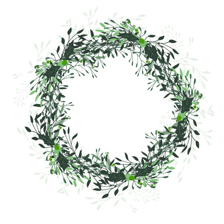 Wreath of leaves, plants, branches and flowers with white background. Hand drawn for cards, invitations, logo, greeting, wedding invite template illustration. - Vectorのイラスト素材