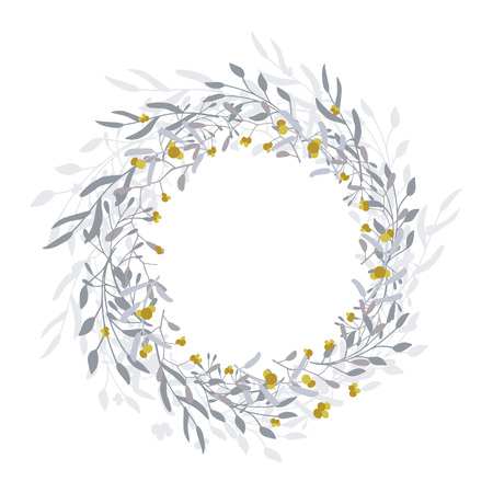 Wreath of leaves, plants, branches and flowers with white background. Hand drawn for cards, invitations, logo, greeting, wedding invite template illustration. - Vectorのイラスト素材