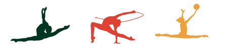 Gymnast in flight without an object, the second gymnast in flight with the ball and the third with the ropeのイラスト素材