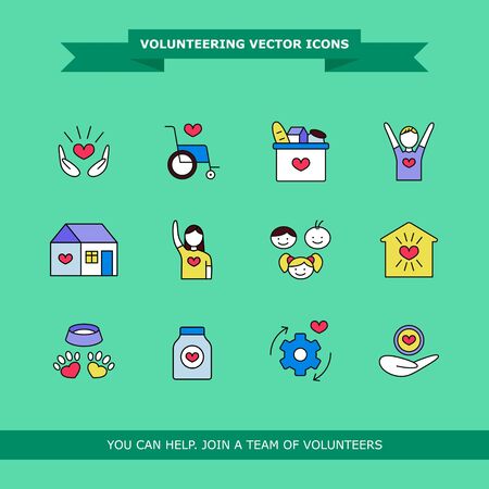 Set of volunteering icons. Isolated colored pictures on green background. Volunteer, charity, help, orphans, disabled people, compassion, humanitarian assistance pictograms for design, banner, landingsのイラスト素材