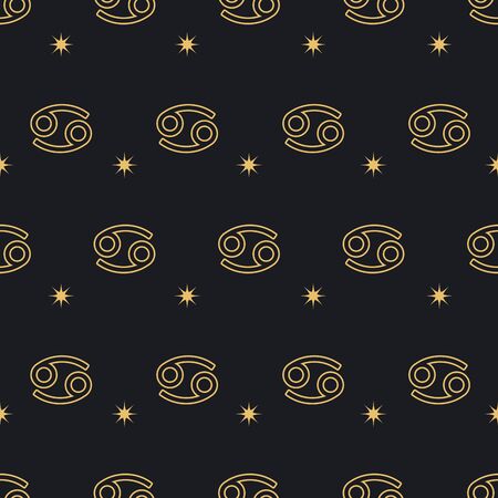 Zodiac seamless gold pattern. Repeating cancer sign with stars on a black background. Vector horoscope symbolのイラスト素材