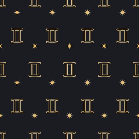 Zodiac seamless gold pattern. Repeating gemini sign with stars on a black background. Vector horoscope symbolのイラスト素材