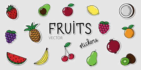 Set of vector fruit and berry stickers. Collection of cartoon elements with shadows on the gray...