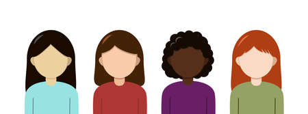 Vector women icons. Isolated flat female characters on the white background. Multiculture group.のイラスト素材