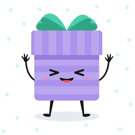 Vector cartoon happy gift box with cute face. Isolated emotional flat character on white background with snowflakes.のイラスト素材
