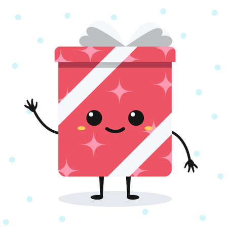 Vector cartoon happy gift box with cute face. Isolated emotional flat character on white background with snowflakes.のイラスト素材