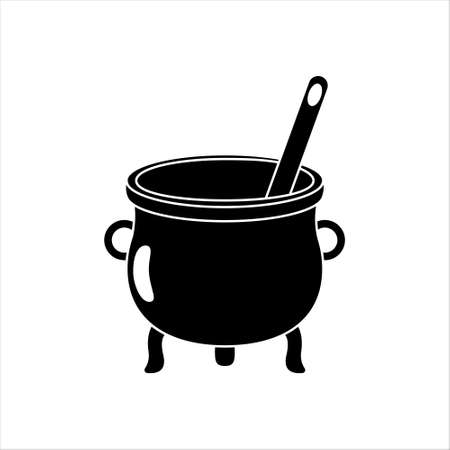 Vector black pot icon. Isolated magic kettle with potion. Black shape of mystery boiler on the white background. Coloring cartoon illustrationのイラスト素材