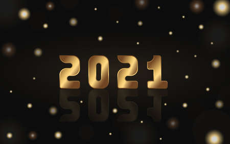 Vector golden numbers 2021 with reflection and sparkles on the black background. Gold lights around...